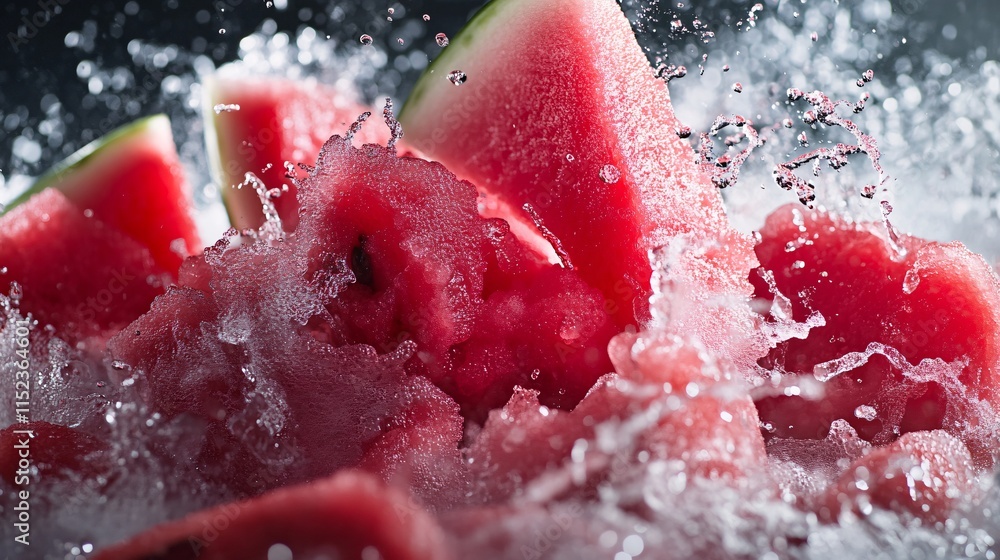Poster fresh watermelon slices splashing in water, creating a vibrant and refreshing scene.