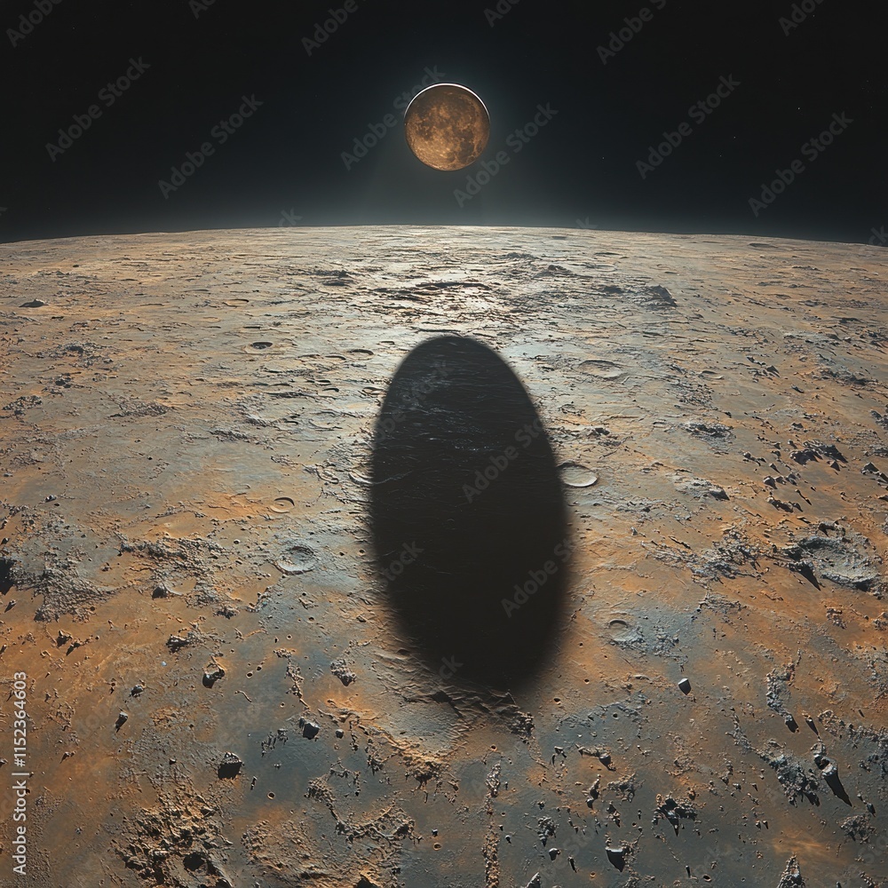 Poster a large moon hangs above a desolate, cratered planet, casting a long shadow across the surface.
