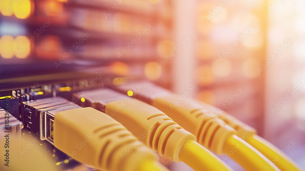 Poster network cables connecting to switch in data center with blurred server rack background