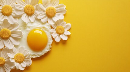 A bright and cheerful scene featuring a fried egg surrounded by artificial daisies on a vivid yellow background.
