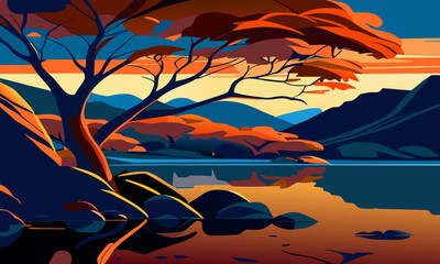 Vibrant landscape with a tree by the river, vector illustration.