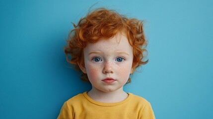 Naklejka premium A young Caucasian boy with curly red hair and freckles, gazing thoughtfully against a vibrant blue background.
