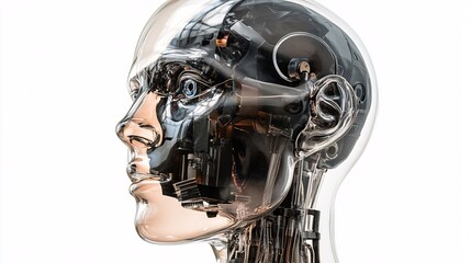 Fototapeta premium A close-up of a futuristic humanoid robot's head, showcasing intricate mechanical details and a sleek transparent surface.