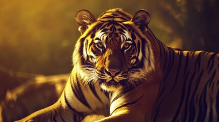 Obraz premium Close-up portraits and dynamic poses of a majestic tiger in its natural habitat, showcasing intricate striped patterns, piercing gaze, and captivating presence in the wild.