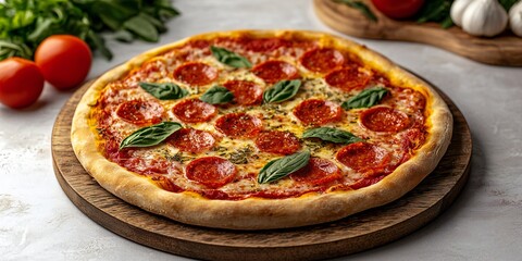 National Pizza Day Delicious Pepperoni Pizza with Basil on Wooden Board