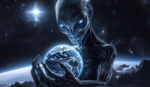 A mysterious alien figure embraces our planet.