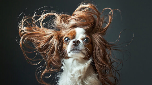 Cute dog with long curly hair on pastel gray background. Conceptual photo for dog grooming salons hair styling