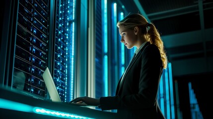 System administrator working on a laptop in a server room