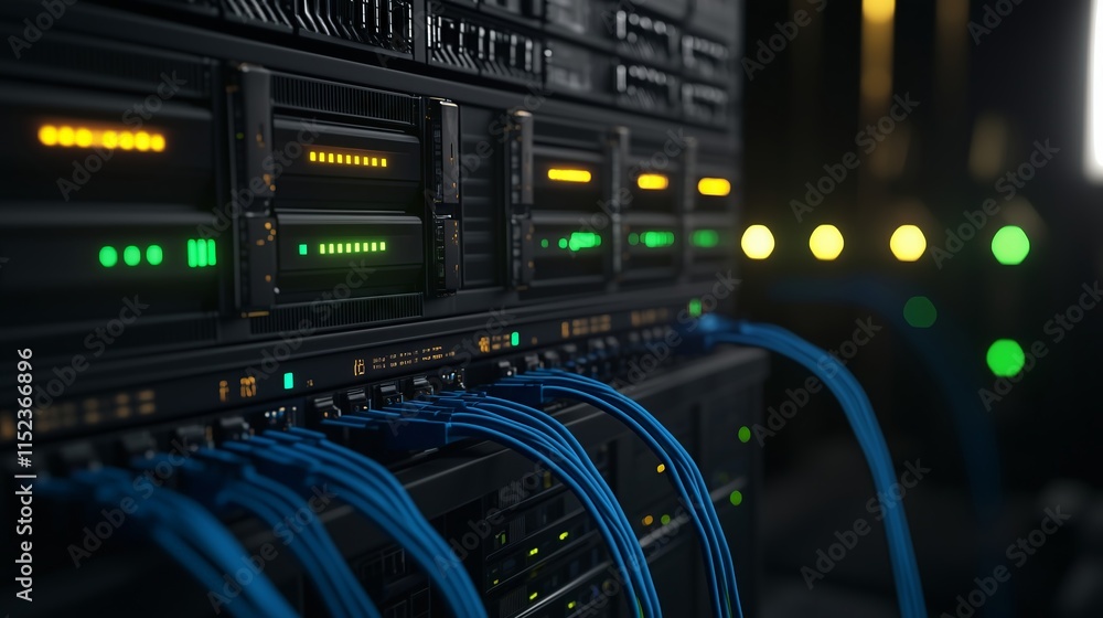 Poster server room blinking lights and cables managing data flow