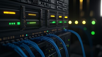 Server room blinking lights and cables managing data flow