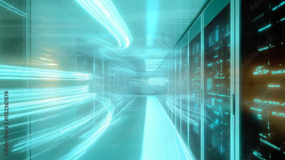 Poster data center corridor with futuristic light trails flowing through server racks
