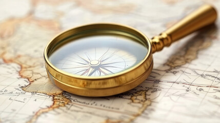 Vintage Magnifying Glass on Antique Map with Compass Rose Reflection