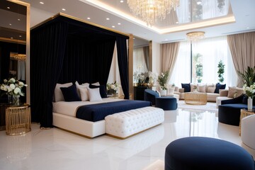 A modern and chic bedroom environment featuring plush bedding and stylish furniture, illuminated by natural light, providing an alluring atmosphere for relaxation and comfort.