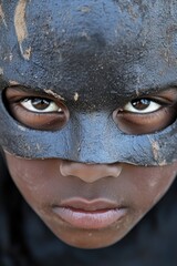Fototapeta premium Portrait of a Child in Black Mask with Intense Gaze and Mud Textures