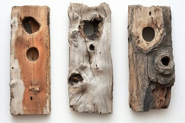 three pieces of old wood with holes against a white wall