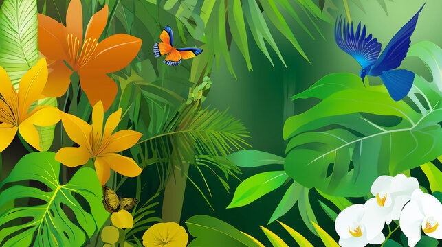 Illustration of  vibrant colorful tropical jungle flowers and blue hummingbird, background or wallpaper