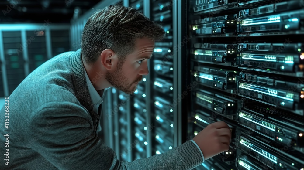 Poster it engineer working with server racks in data center