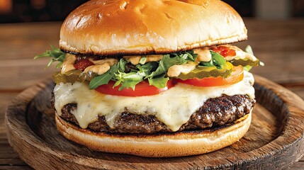 A close up of a cheeseburger with sizzling patties Juicy cheeseburger with sizzling patties Gourmet burger with melted cheese Close-up of a freshly grilled cheeseburger