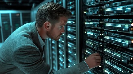 It engineer working with server racks in data center