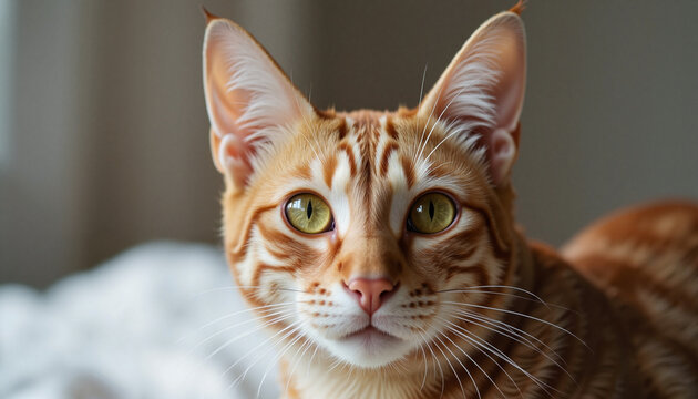 Close-up portrait of a curious Bengal cat with bright green eyes on a cozy blanket