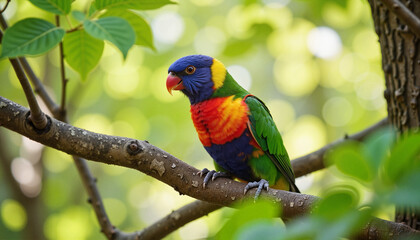 Colorful rainbow lorikeet perched on a branch surrounded by lush green leaves in natural light
