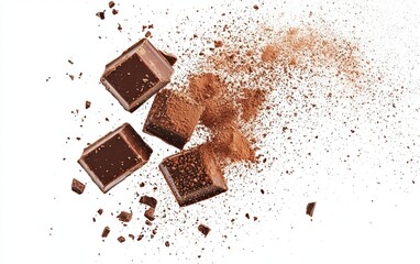Flying pieces of rich dark chocolate with dynamic cocoa powder dusting mid-air, isolated on a bright white background