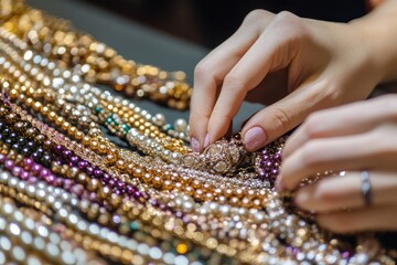 Hands Arranging Colorful Gemstone Bead Necklaces in Jewelry Display