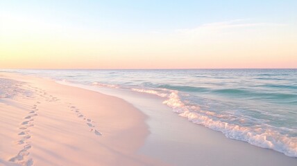 Tranquil sunset beach scene with ocean waves and gentle footprints