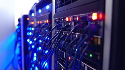 Naklejka premium Server room equipment blinking lights and cables in data center