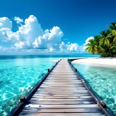 Tropical paradise, wooden pier stretching into turquoise ocean