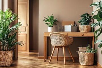 Fototapeta premium A modern home office with a wooden desk rattan chair and plants in woven baskets The brown color palette blends