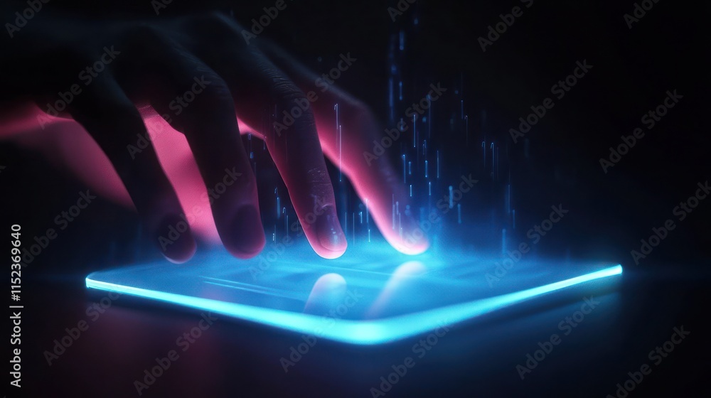 Poster glowing touchscreen with a hand interacting with digital data