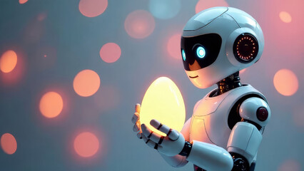 A white robot holds a glowing yellow egg created by artificial intelligence. Light blue background with bokeh and copy space. Easter celebration concept
