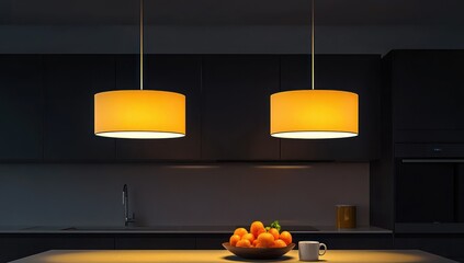 A modern kitchen at night with two hanging light fixtures one yellow and one white casting a warm glow The
