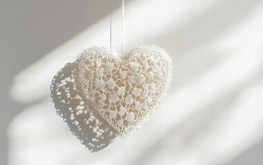 A delicate heart-shaped lace ornament, suspended mid-air with soft shadows on a pure white background for Valentines Day