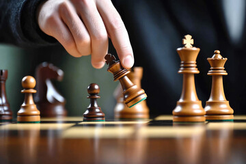 Close-up of hand moving chess piece on board during game
