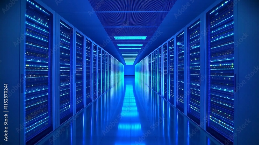 Poster server room corridor with data processing units blinking in blue light