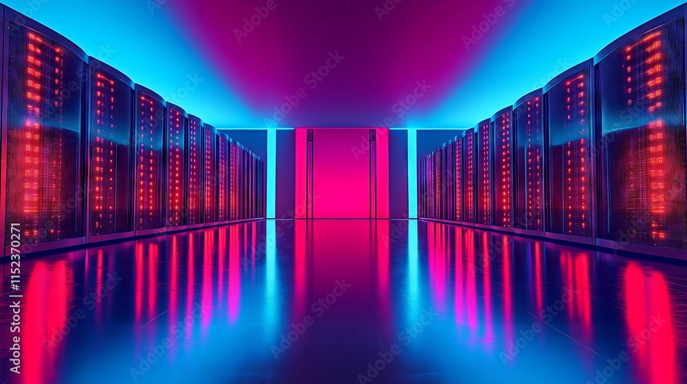 Poster server racks glowing in modern data center with neon lights