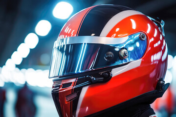 Fototapeta premium Racing helmet with red and black design in lit tunnel
