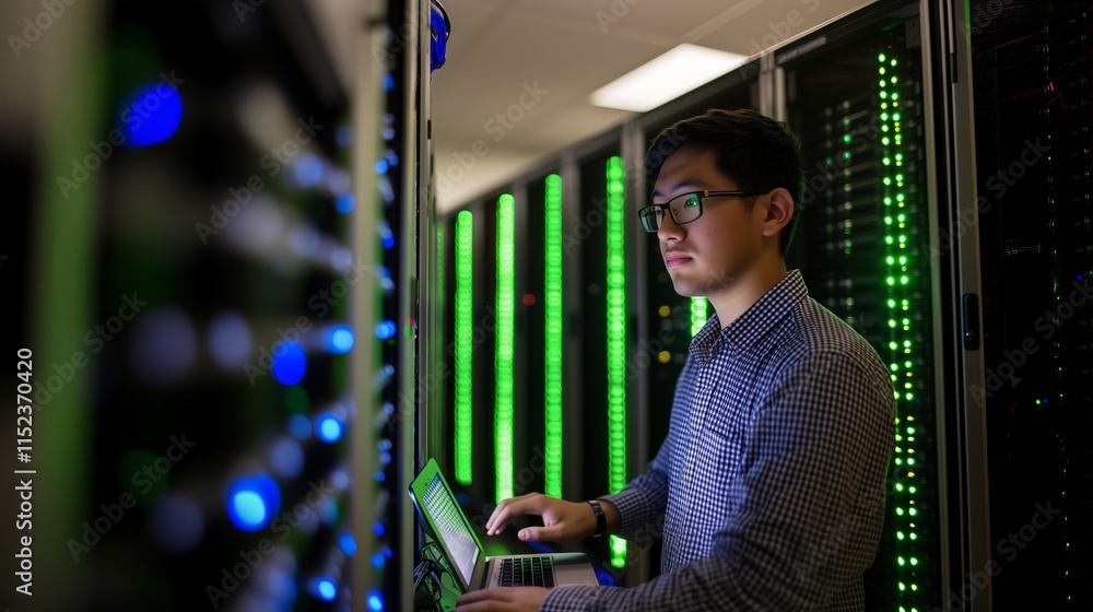 Poster it engineer working with laptop in data center next to server racks