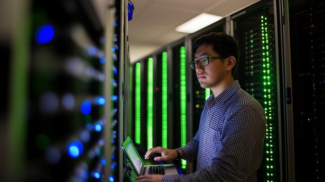 It engineer working with laptop in data center next to server racks