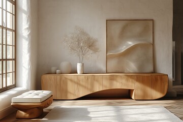 Sunlight illuminating modern minimalist living room with wooden furniture