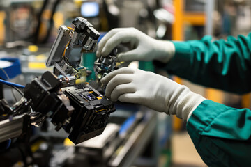 Technician assembling robotic component in industrial setting