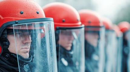 A line of protestors facing riot shields, illustrating law enforcement, restriction of public demonstrations