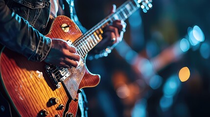 Fototapeta premium Close-up of a guitarist performing on stage with vibrant lighting