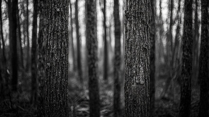 Dark forest with tall trees surrounded by natural shadows and dim light during a cloudy day