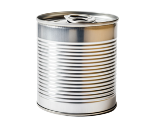 Shiny aluminum can with ribbed texture and pull-tab lid, isolated on transparent cutout background
