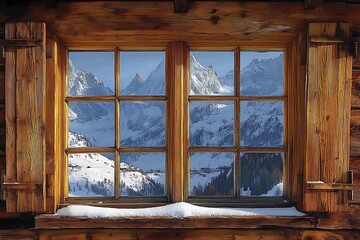 Wooden Window Frame Showing Snowy Mountain View