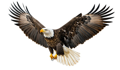 Majestic American bald eagle in flight with wings spread wide, isolated on transparent cutout background
