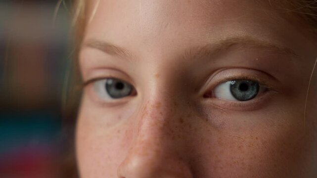 Close up calm pensive sad eyes Caucasian little girl child kid schoolgirl model orphan school student pupil learner contemplating looking at camera sadness eye vision eyesight adoption custody indoors